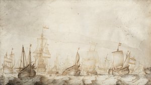 北海に浮かぶオランダのニシン漁船。水墨画（27.4x47.6cm）、ウィリアム・ファン・デ・ヴェルデ長老（1611-1693年頃）作、1650年頃。 作： Willem van de the Elder Velde