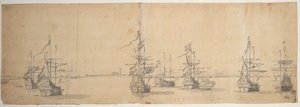 低い海岸に停泊するオランダ船、1658年頃（黒鉛、グレーのウォッシュ仕上げ） 作： Willem van de the Elder Velde