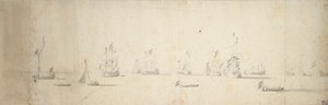沖に停泊するオランダ船、1664年頃（黒鉛、灰色水彩） 作： Willem van de the Elder Velde