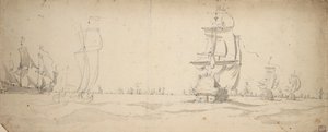 主力艦隊に向かって走り下りるオランダ船、5月？1672年頃（黒鉛、灰色水彩） 作： Willem van de the Elder Velde