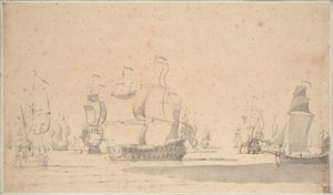 微風の中のイギリス船、ケッチとガリオット、1673年6月？ 1673年頃（鉛筆、水彩、ペン、褐色インク） 作： Willem van de the Elder Velde