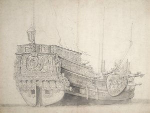 オランダ王子のヨットの肖像 1660年頃（黒鉛、灰色ウォッシュ） 作： Willem van de the Elder Velde