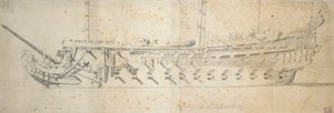 1670年に「パリ」として建造され、1671年に改名、1690年に廃船となった70～80門の船「ロイヤル・テレーズ」（？ 作： Willem van de the Elder Velde