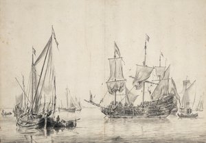 帆船と帆を乾かすオランダのフリゲート。素描と水彩（26x37cm）、ウィリアム・ファン・デ・ヴェルデ・ラン（1611-1693年頃）作、1665年頃。 作： Willem van de the Elder Velde