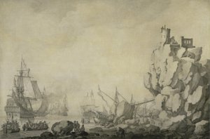 岩の多い海岸の船と民兵、1680年頃（準備された帆布にペンとインク） 作： Willem van de the Elder Velde