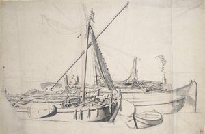 並んで横たわるダムルーパーとスモルスキップの習作 1665年頃（黒鉛、灰色水彩） 作： Willem van de the Elder Velde