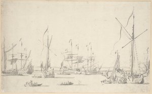 1677年頃、シアーネス近郊に停泊中のヨットと船（黒鉛、グレーのウォッシュ仕上げ） 作： Willem van de the Elder Velde