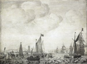 1645年6月9日、ヴリーランド島とトレシェリング島（オランダ）を結ぶ航路、ヴリー（またはヴリーストルーム）を出航する東洋行きの貿易船とその護衛船。 作： Willem van de the Elder Velde