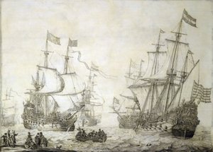 穏やかな風の中、岸を離れるオランダ東インド会社の2隻の商船。木にグリザイユ 作： Willem van de the Elder Velde