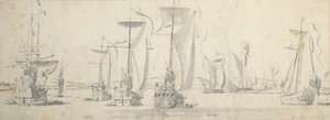 チャールズ2世がウリッジの「タイガー号」を訪問：川のカーブを曲がるヨット 作： Willem van de the Elder Velde