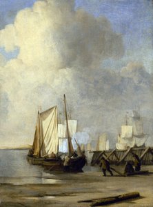内陸水路の航海に使われるオランダのボート、岸辺のカーグ。キャンバスに油彩 作： Willem van de Velde the Younger