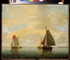 セーリング ボート。 ウィレム・ヴァン・デ・ヴェルデ・ザ・ヤンガー（1633-1707）による絵画。 キャンバスに油彩、24.5 x 32.5 cm、17 世紀後半。 フランダースの芸術、バロック様式。 エルミタージュ美術館、サンクトペテルブルク。