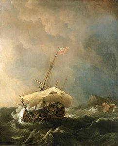 荒れ狂う風の中、岩場から脱出しようとするイギリス船。キャンバスに油彩 作： Willem van de Velde the Younger