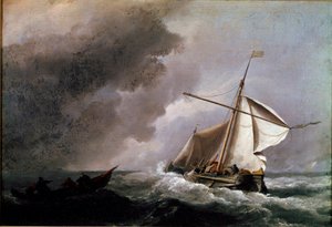 救命ボートを待つ帆を下ろしたオランダ船 絵画：若き日のウィレム・ファン・デ・ヴェルデ（1633-1707） 1660年 日の丸23,2x33,2 cm ロンドン、ナショナル・ギャラリー