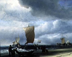 漁船が接岸する様子（油彩・キャンバス） 作： Willem van de Velde the Younger