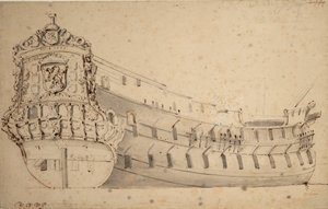 1666年に建造され、1690年に海で失われたマース提督の「リダーシャップ」66門の肖像画（黒鉛、灰色水彩）1686年頃 作： Willem van de Velde the Younger
