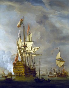 穏やかな天候の中、ロイヤル・ヨットを従えて港に出迎えるために大砲を発射するHMS「ロイヤル・ソブリン号」。キャンバスに油彩 作： Willem van de Velde the Younger