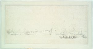 イギリス船、おそらく「ジェームズ・ガレー号」の進水式、1676年頃（黒鉛と水彩、グレー） 作： Willem van de Velde the Younger