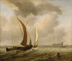 爽やかな風を前に海を行く二人のカアグ、17世紀後半、油絵 作： Willem van de Velde the Younger