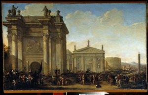 凱旋行進。 ウィレム・ヴァン・デ・ヴェルデ・ザ・ヤンガー（1633-1707）による絵画。 キャンバスに油彩、オランダ美術、バロック様式。 国立野外博物館パレス ガッチナ、サンクトペテルブルク。 作： Willem van de Velde the Younger