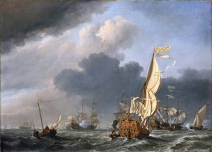 強風の中、オランダ船の一団に加わろうとするヨット（1672年、テクセル（オランダ）沖でのオランダ艦隊の集合と思われる 作： Willem van de Velde the Younger