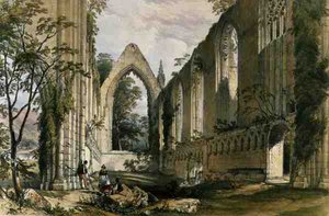 ボルトン修道院、聖歌隊の内部、ジョージ・ホーキンス（1819-52）が彫刻した「The Monastic Ruins of Yorkshire（ヨークシャーの修道院跡）」より 作： William (after) Richardson