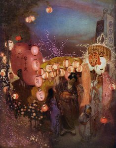日本のお祭りで提灯を持った女性と子供たち（カラーリソ） 作： William (after) Shackleton