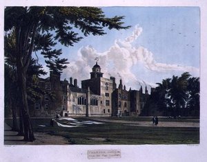 遊び場から見たチャーター・ハウス、「History of Charter House School」より、「History of the Colleges」の一部、William James Bennett (1787-1844)の彫刻、R. Ackermannによるパブ。 作： William (after) Westall