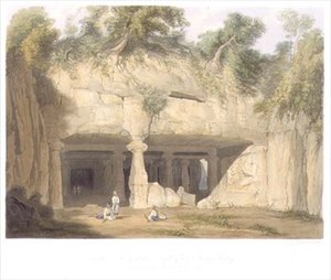 ボンベイ近郊のエレファンタ大洞窟寺院の外観（1803年）（「インドの風景・衣装・建築」第2巻より、S.G.ヒューズの彫刻、Smith, Elder and Company社刊 作： William (after) Westall