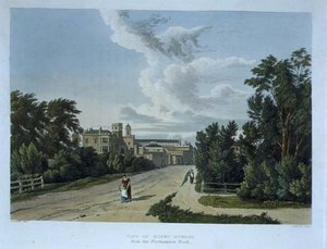 ノーサンプトン・ロードからのラグビー・スクールの眺め、「History of the Colleges」の一部である「History of Rugby School」より、Daniel Havell (1785-1826)の彫刻によるもので、R. Ackermannが出版したものです。