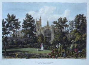 所長の庭から見たウィンチェスター・カレッジ、「History of the Colleges」の一部である「History of Winchester College」より、Joseph Constantine Stadler (fl.1780-1812) が彫刻したもので、R. Ackermannが出版している。 作： William (after) Westall