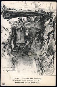 第一次世界大戦 - 戦争 14-18 (1914-1918) - 第一次世界大戦 (WWI または WW1): フランス、最前線を見ている塹壕の兵士の絵を示す愛国的な地図、タイトル:「聞く」 作： William Adolphe Lambrecht