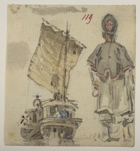 1792 年から 1794 年にかけてマッカートニー卿の中国皇帝への大使館で作成された風景、海岸線、衣装、日常生活の 372 枚の図面のアルバムからの 119 のボートと人物の習作 (紙に鉛筆と水彩) 作： William Alexander