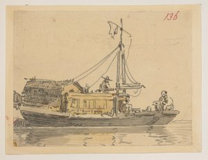 136. ジャンク、1792 年から 1794 年にかけてマッカートニー卿の中国皇帝への大使館で作成された、風景、海岸線、衣装、日常生活の 372 枚の図面のアルバムから (紙に鉛筆と水彩) 作： William Alexander
