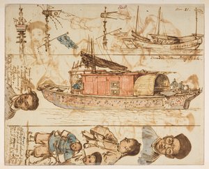 1792年から1794年にかけてマッカートニー卿の中国皇帝への大使館で作成された風景、海岸線、衣装、日常生活の372枚の図面のアルバムからの140のマンダリンの旅行ジャンク（紙に鉛筆と水彩） 作： William Alexander