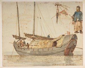 145分 シンチュンから出航したジャンク船。 11 月 19 日。 、1792年から1794年の間にマッカートニー卿の中国皇帝への大使館で作成された風景、海岸線、衣装、日常生活の372枚の絵のアルバムから（紙に鉛筆と水彩） 作： William Alexander