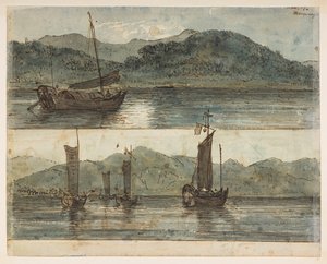 146v 川のシーン。 「ムーンライト 11 月 17 日」  、1792年から1794年の間にマッカートニー卿の中国皇帝への大使館で作成された風景、海岸線、衣装、日常生活の372枚の絵のアルバムから（紙に鉛筆と水彩） 作： William Alexander