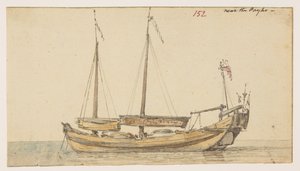 152 ボート「ペイホの近く」  、1792年から1794年の間にマッカートニー卿の中国皇帝への大使館で作成された風景、海岸線、衣装、日常生活の372枚の絵のアルバムから（紙に鉛筆と水彩） 作： William Alexander