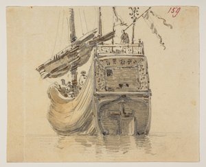159 ボートです。  、1792年から1794年の間にマッカートニー卿の中国皇帝への大使館で作成された風景、海岸線、衣装、日常生活の372枚の絵のアルバムから（紙に鉛筆と水彩） 作： William Alexander