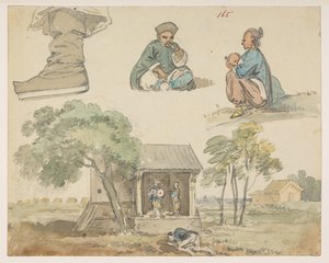 165 フィギュア研究と神社。  、1792年から1794年の間にマッカートニー卿の中国皇帝への大使館で作成された風景、海岸線、衣装、日常生活の372枚の絵のアルバムから（紙に鉛筆と水彩） 作： William Alexander