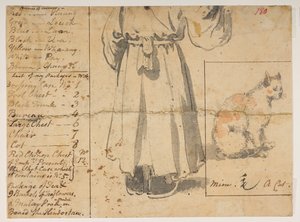 180 猫、フィギュア、アレキサンダーの荷物のリスト。1792 年から 1794 年の間にマッカートニー卿の中国皇帝への大使館で作成された風景、海岸線、衣装、日常生活の 372 枚の図面のアルバムから (紙に鉛筆と水彩) 作： William Alexander