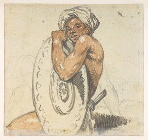 29v 盾を持つ若者。  1792年から1794年にかけてマッカートニー卿の中国皇帝への大使館で作成された風景、海岸線、衣装、日常生活の372枚の絵のアルバムから（紙に鉛筆と水彩） 作： William Alexander