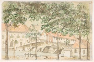33v「バタビア」  1792年から1794年にかけてマッカートニー卿の中国皇帝への大使館で作成された風景、海岸線、衣装、日常生活の372枚の絵のアルバムから（紙に鉛筆と水彩）