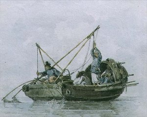 ジャンクに乗った中国の漁師たち（水彩画） 作： William Alexander