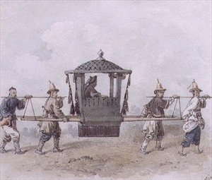 駕籠を背負う中国の使用人たち（水彩画