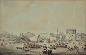 橋の下を通過する準備をしている大使館の中国のはしけ 作： William Alexander