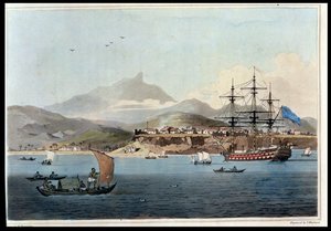 セントジャゴ島のポルトプラヤ、4枚の「A Voyage to Cochinchina」からJohn Barrow（1764-1848）がThomas Medland（1755-1823）1806（aquatint）によって彫刻