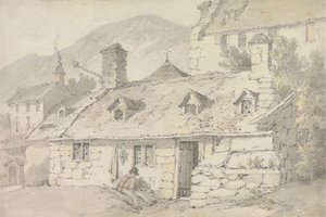 手前の人物と山岳風景の石造りのコテージ 作： William Alexander