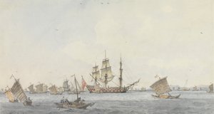 北京湾の入り口にあるテンチューフー市のミアタウ海峡の錨泊中のヒンドスタン 作： William Alexander