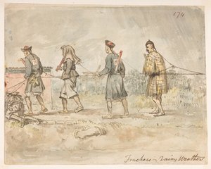 雨天時のトラッカー、風景、海岸線、衣装、日常生活を描いた 278 枚のアルバムから。マッカートニー卿の中国皇帝への大使館で作成された (紙に鉛筆と水彩) 作： William Alexander